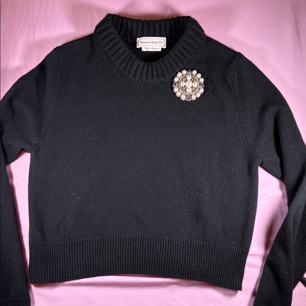 Alexander McQueen Black Crewneck Sweater with Jeweled Brooch